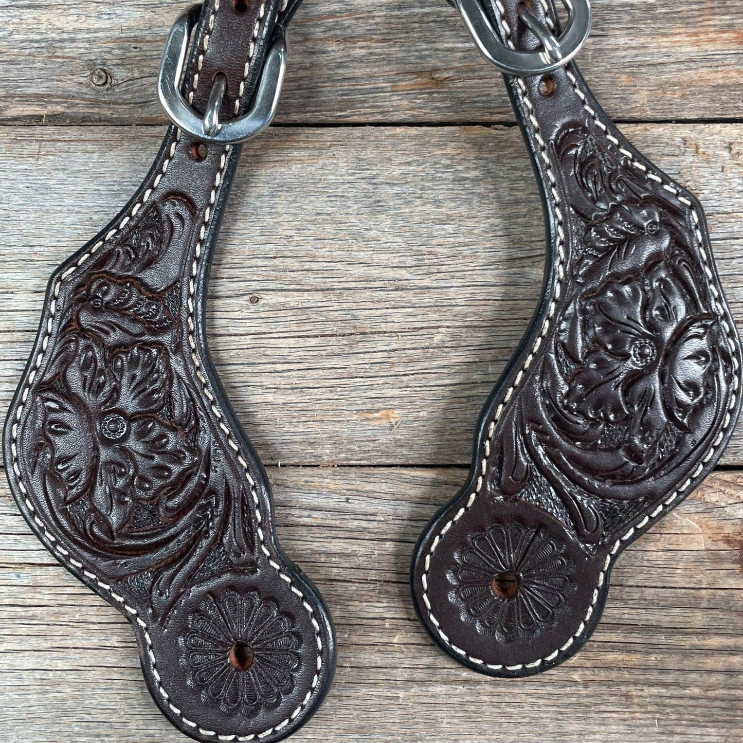 Dark Oil Genuine Leather Floral Tooled Spur Straps