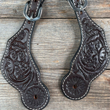 Dark Oil Genuine Leather Floral Tooled Spur Straps