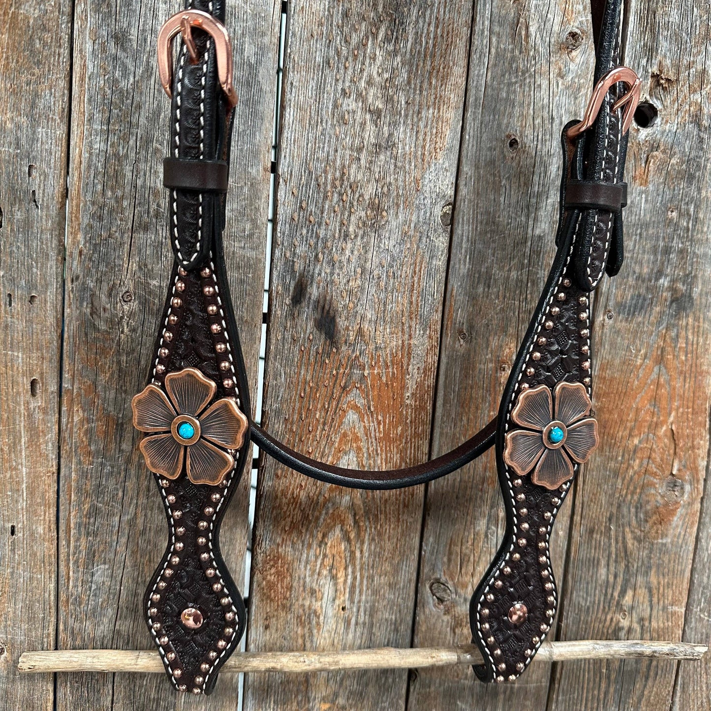 Copper Dot Honeycomb Flower and Turquoise Browband / One Ear Tack Set