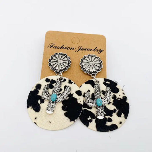 Western Style Cactus Animal Skin Double Charm Earrings