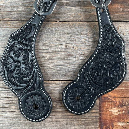 Black Genuine Leather Floral Tooled Spur Straps