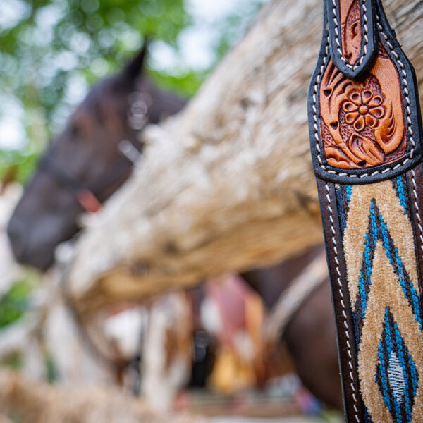 Browband Blue and Beige With Chestnut Leather