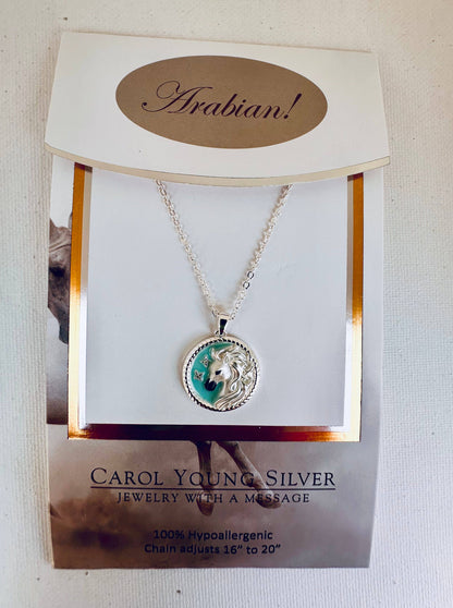 Arabian horse face Disk Necklace with Aqua