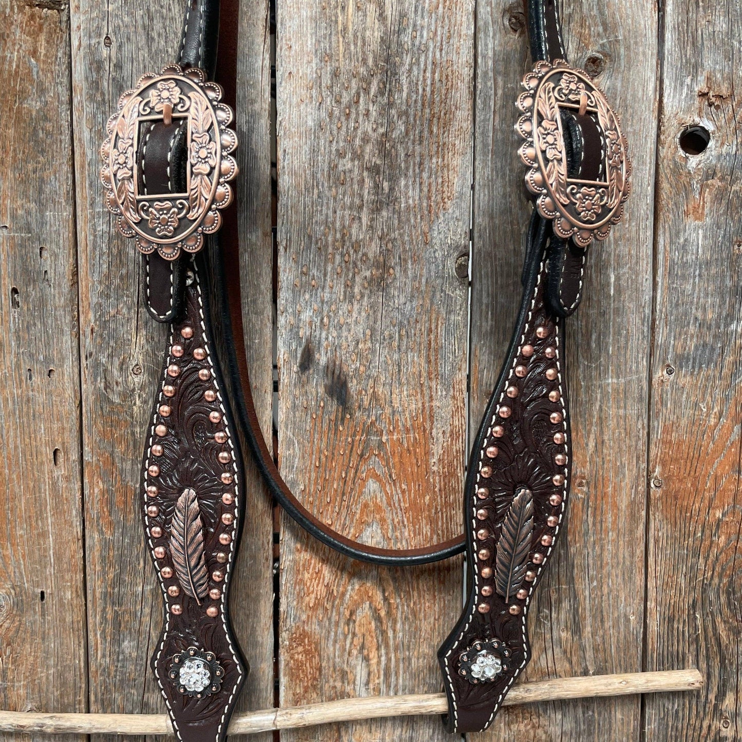 Dark Oil Floral Copper Dot Clear Browband / One Ear / Breastcollar Buckstitch Tack Set #BBBC486