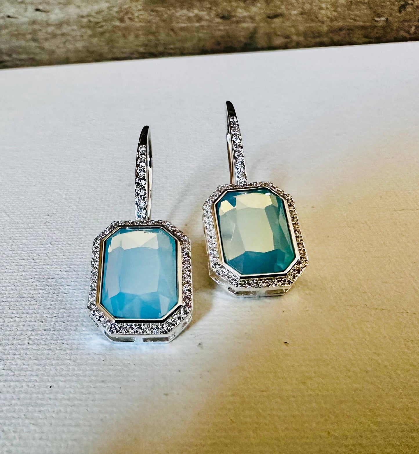 Bold Rectangle Aqua stone Earrings WIRE/ Jewelry