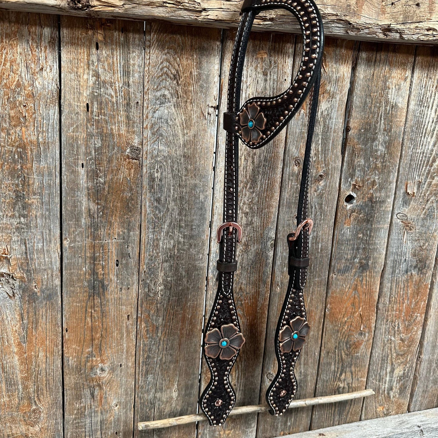 Copper Dot Honeycomb Flower and Turquoise Browband / One Ear Tack Set