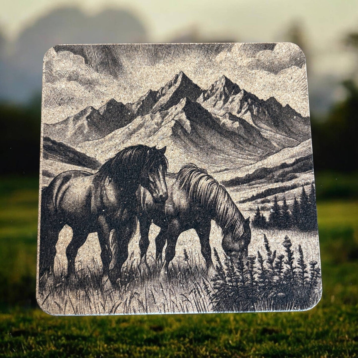 Horses in Mountains cork trivet and drink coasters, gift set
