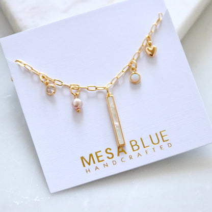 CZ, Mother of Pearl, Opal, Pearl Charm Necklace 