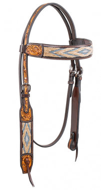 Browband Blue and Beige With Chestnut Leather