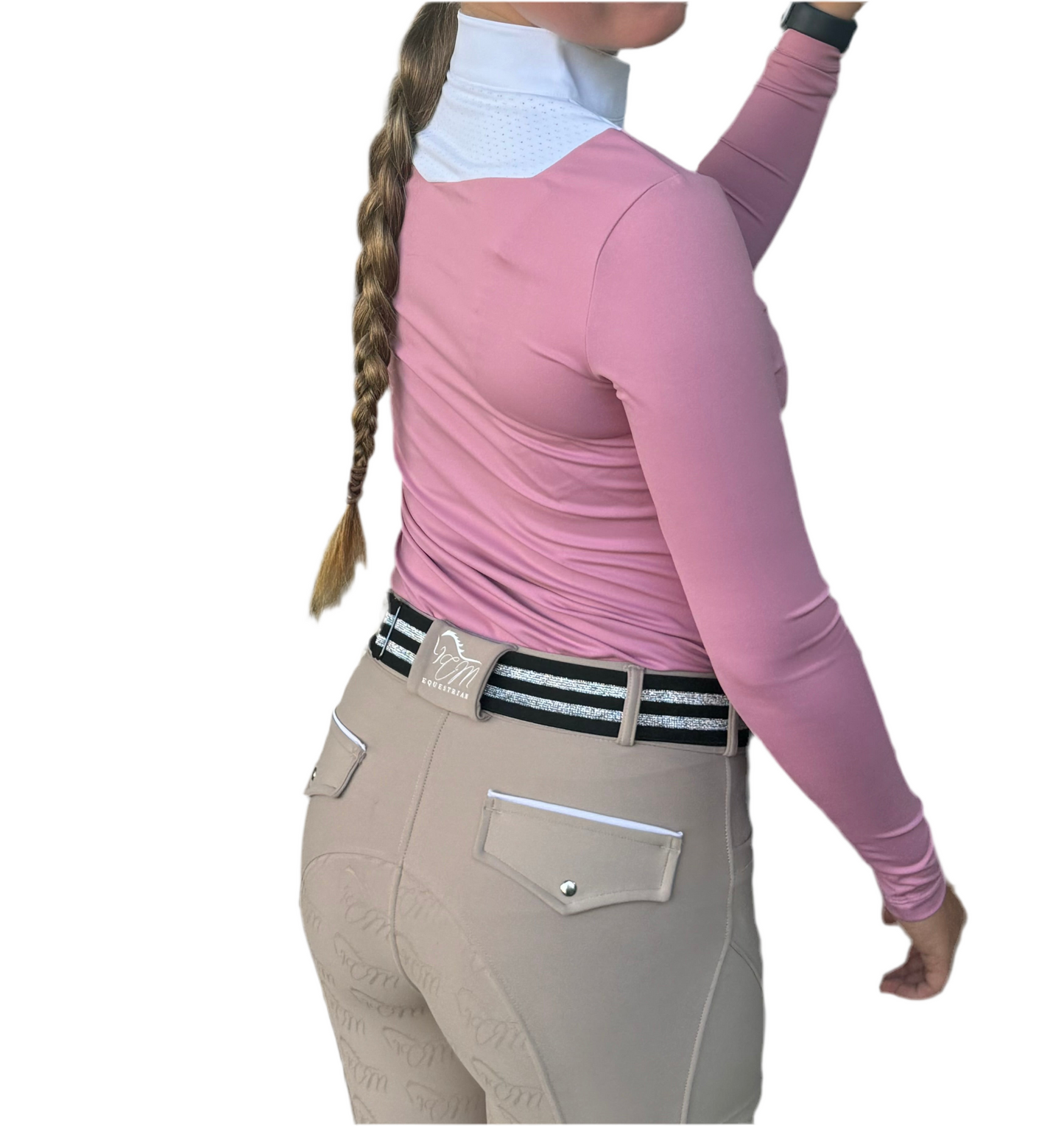 Pink and white equestrian two tone long sleeve show shirt