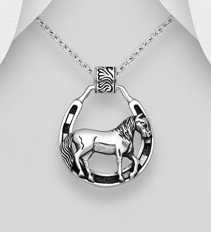 Sterling Silver Oxidized Horse and Horseshoe Pendant