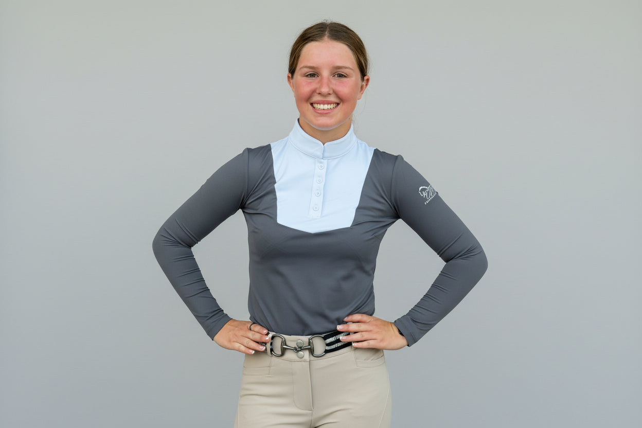 Dark Grey and white Equestrian two tone long sleeve show shirt with logo on sleeve