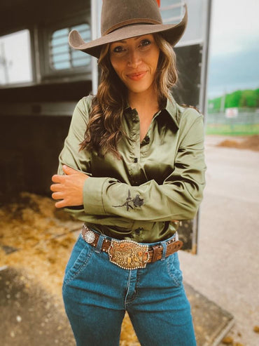 Olive Leopard Satin Rodeo Shirt