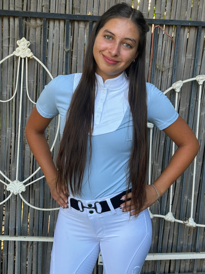 Baby Blue white Equestrian two tone short sleeve show shirt with logo on sleeve
