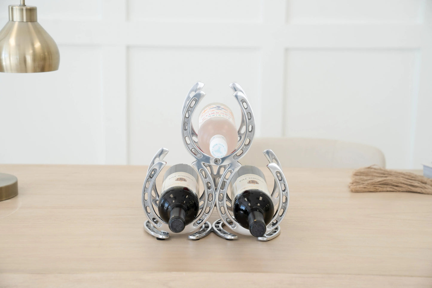 Huntley Horseshoe 3-Bottle Wine Rack, Aluminum Silver Finish
