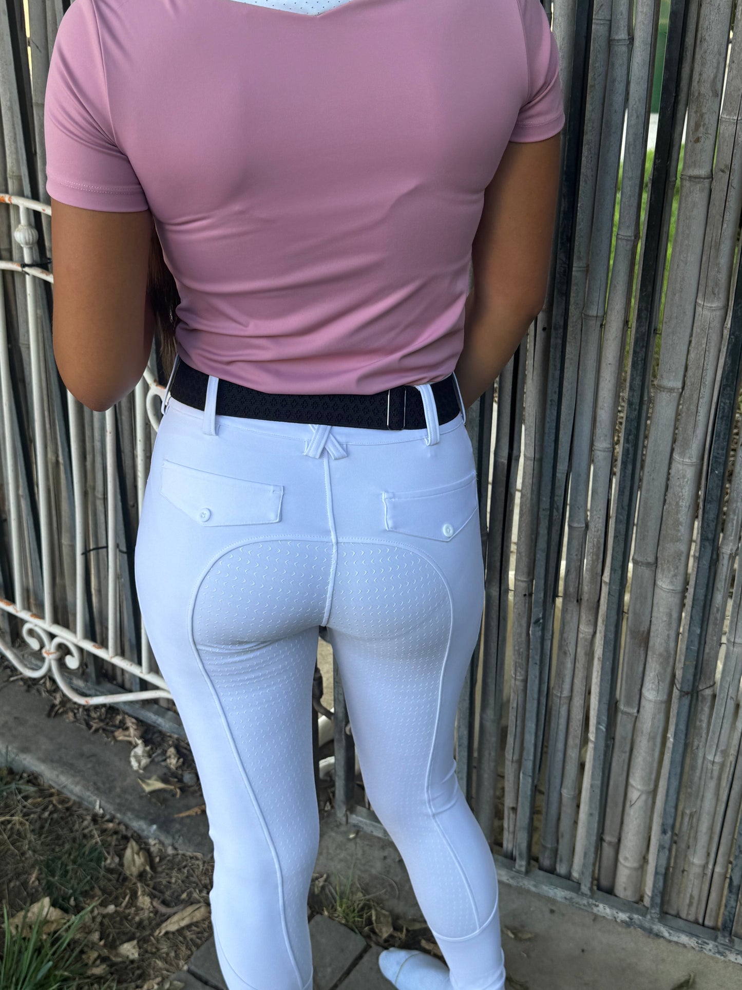 Pink CM Equestrian two tone short sleeve show shirt with logo on sleeve