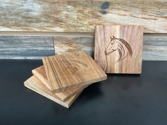 Wood Coasters with Horse Head Engraving