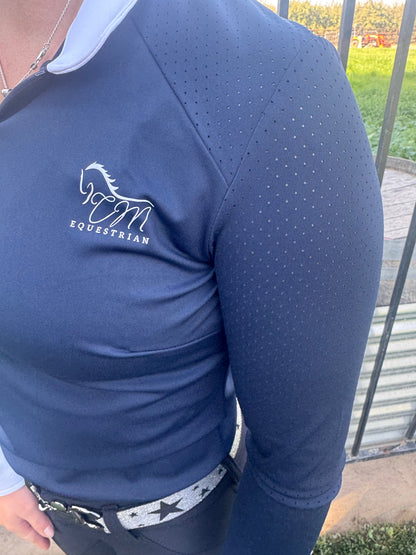 Black Equestrian Fancy cuff two tone long sleeve black and white shirt