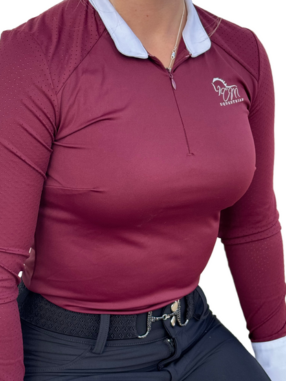 Burgundy white Equestrian Fancy cuff two tone long sleeve shirt