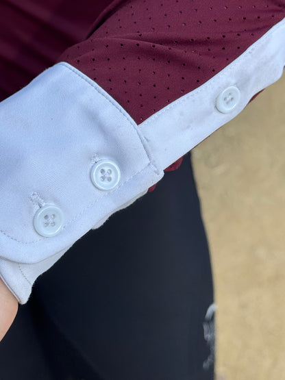 Burgundy white Equestrian Fancy cuff two tone long sleeve shirt