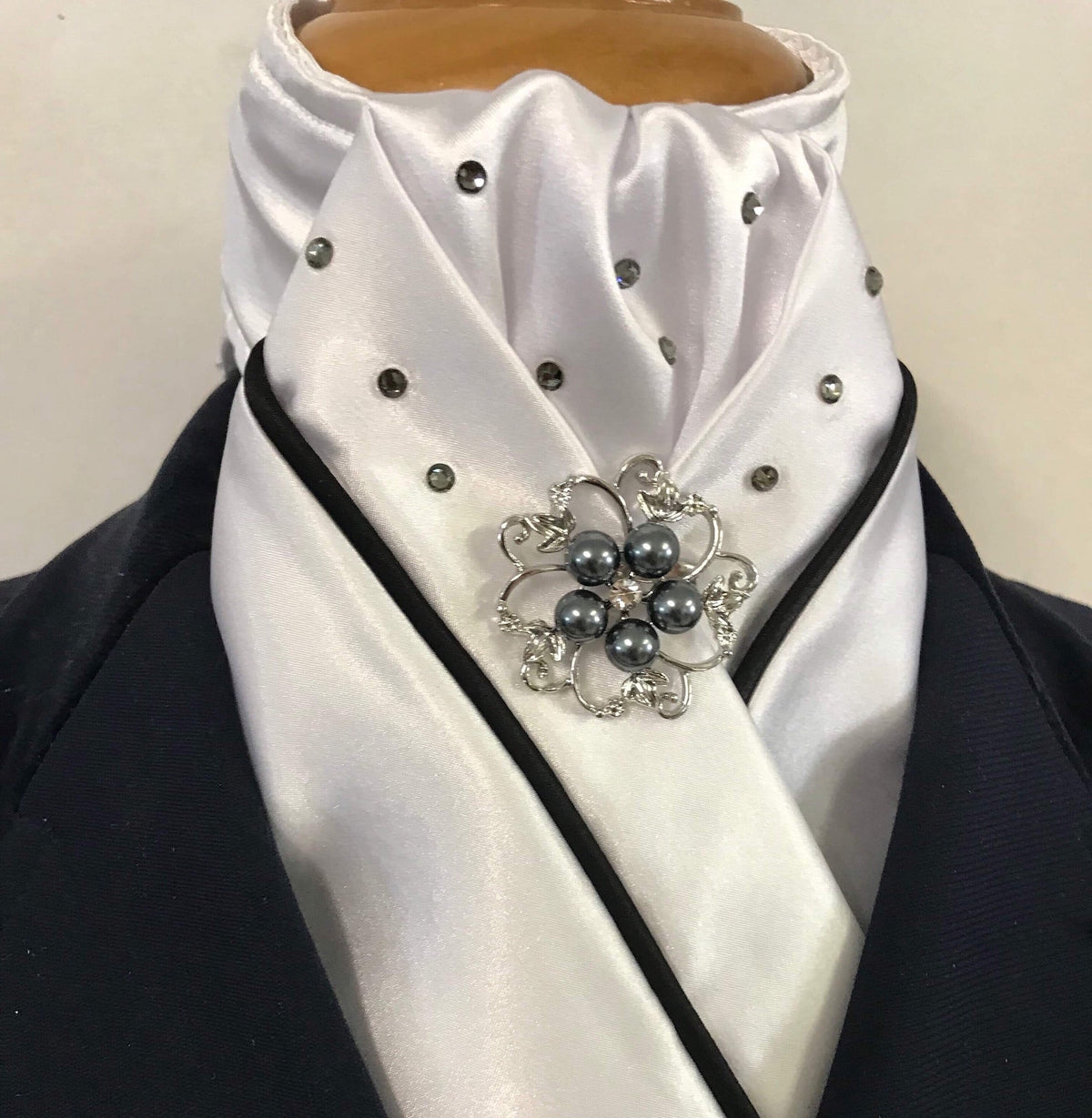 HHD White Satin Dressage Stock Tie ‘Black Diamond’ with Piping & Swarovski Elements