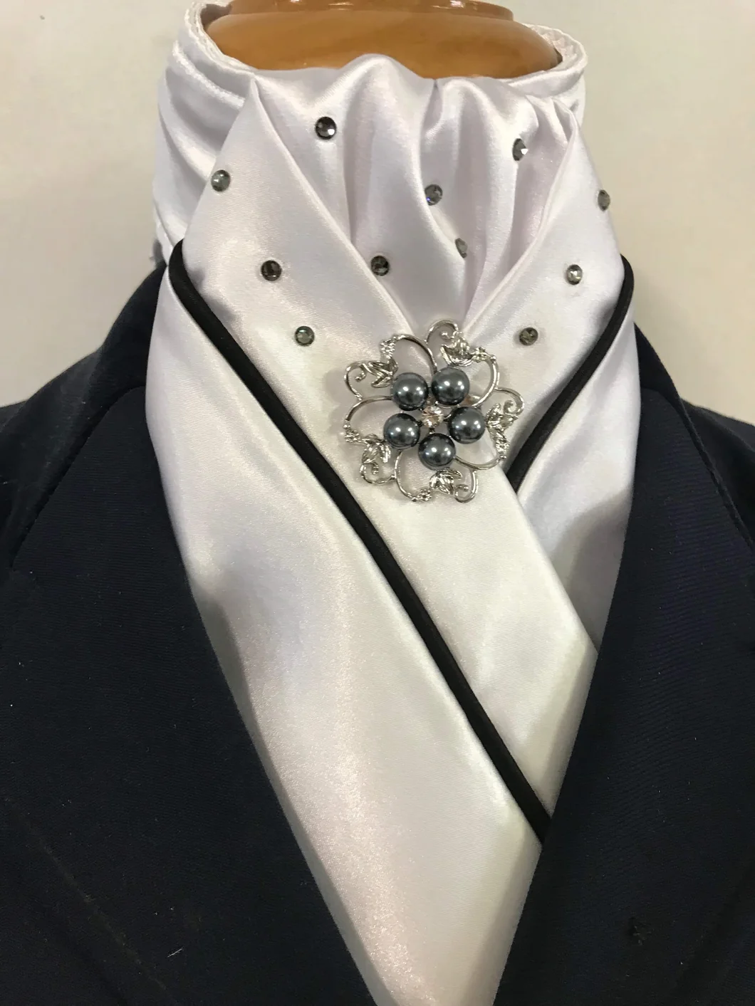 HHD White Satin Dressage Stock Tie ‘Black Diamond’ with Piping & Swarovski Elements