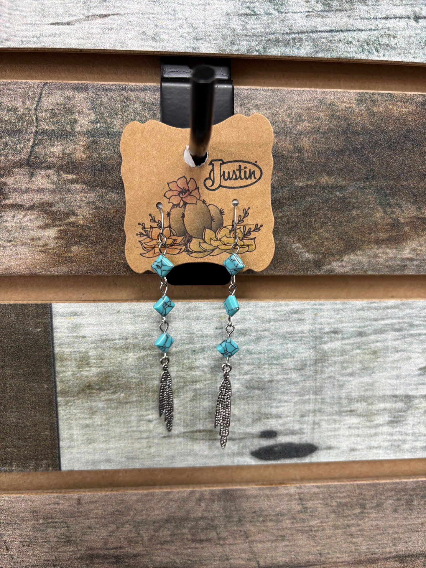 Justin Earrings Drop Dangle Square Faux Turquoise Stones and Feathers