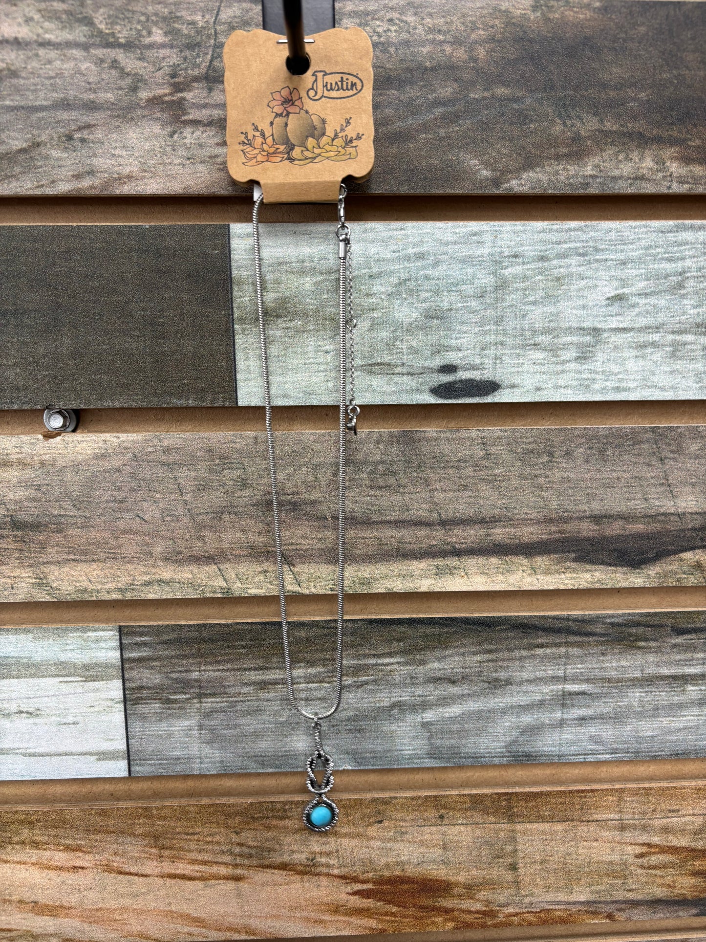 Justin Ladies Necklace Snake Chain with Square Knot and Faux Turquoise Stone Pendant