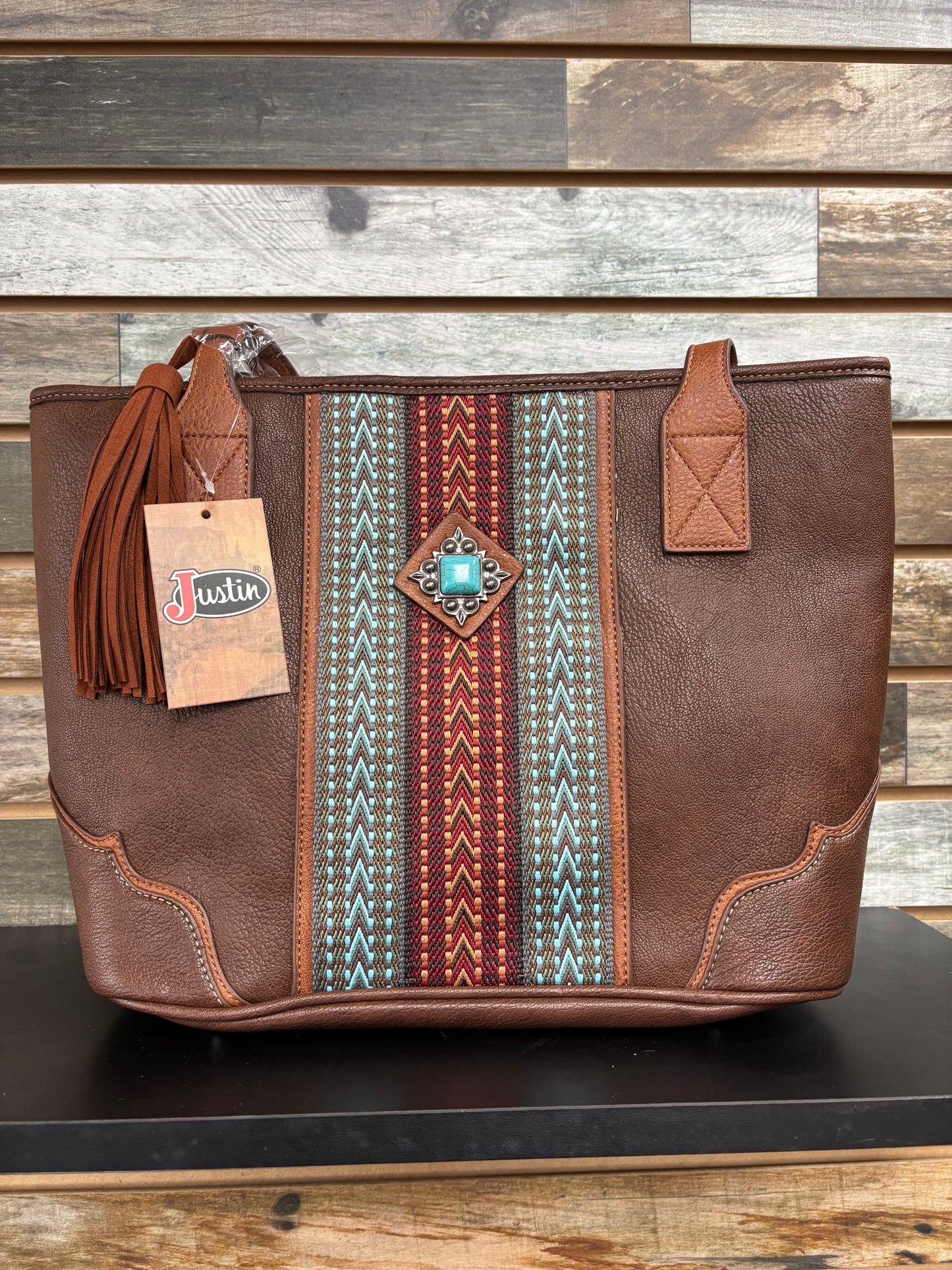 Justin Ladies Tote Brown with Webbed Panel