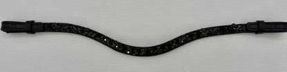 Bridleberry #147 Black Leather Browband, Black Marquise & Round Crystals set on Gold Mesh