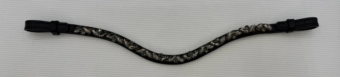 #149 Black Leather Browband, Grey Marquise & Round Crystals set on Gold Mesh