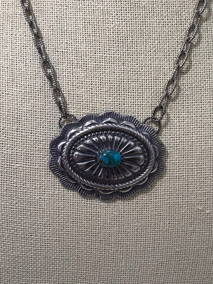Sterling Concho and Kingman Turquoise Necklace - 18 inch