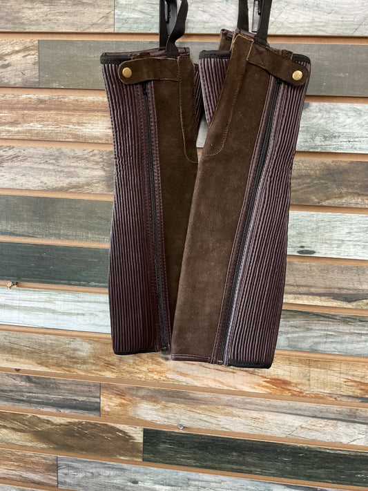 USED EquiRoyal Pre-Shaped Suede Leather Half Chaps Large Brown