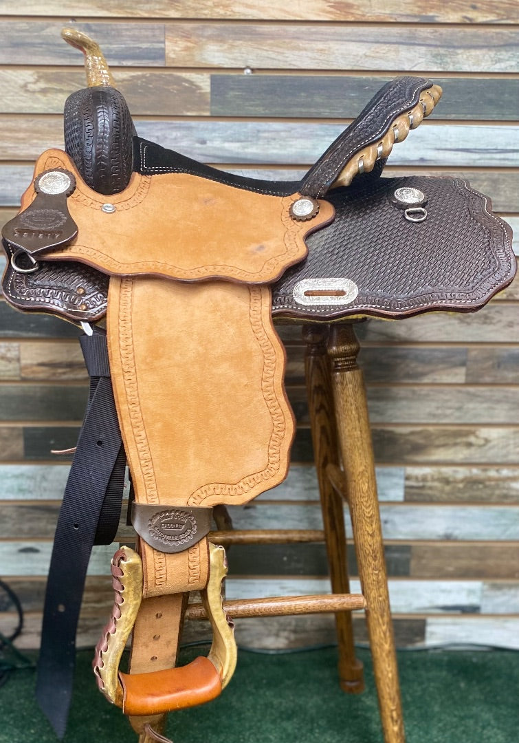 USED Billy Cook Barrel Saddle 14" Dark Oil and Light Rough Out