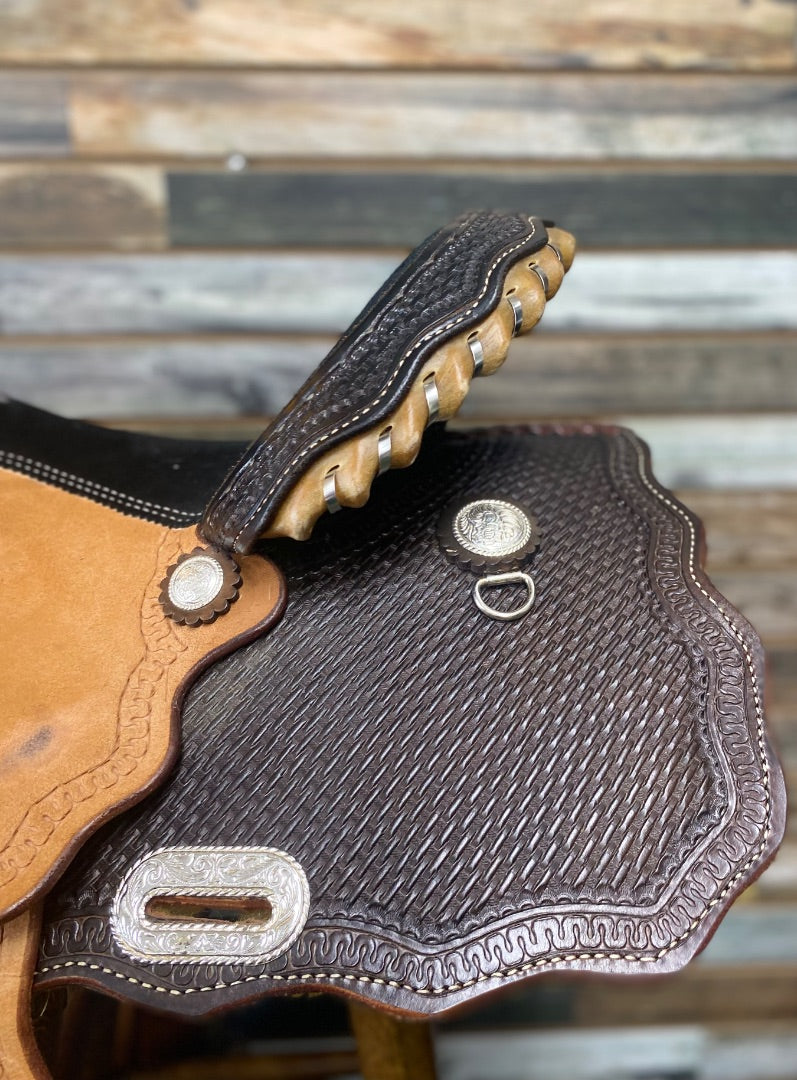 USED Billy Cook Barrel Saddle 14" Dark Oil and Light Rough Out