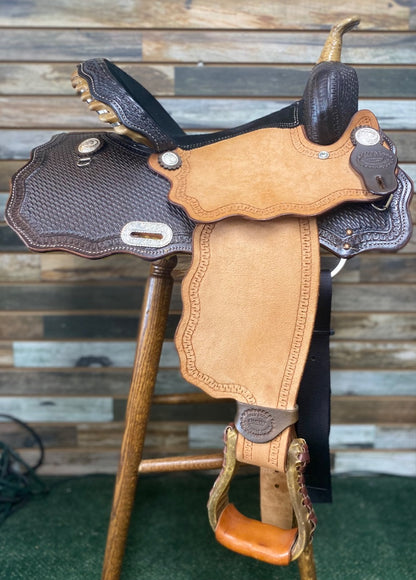 USED Billy Cook Barrel Saddle 14" Dark Oil and Light Rough Out
