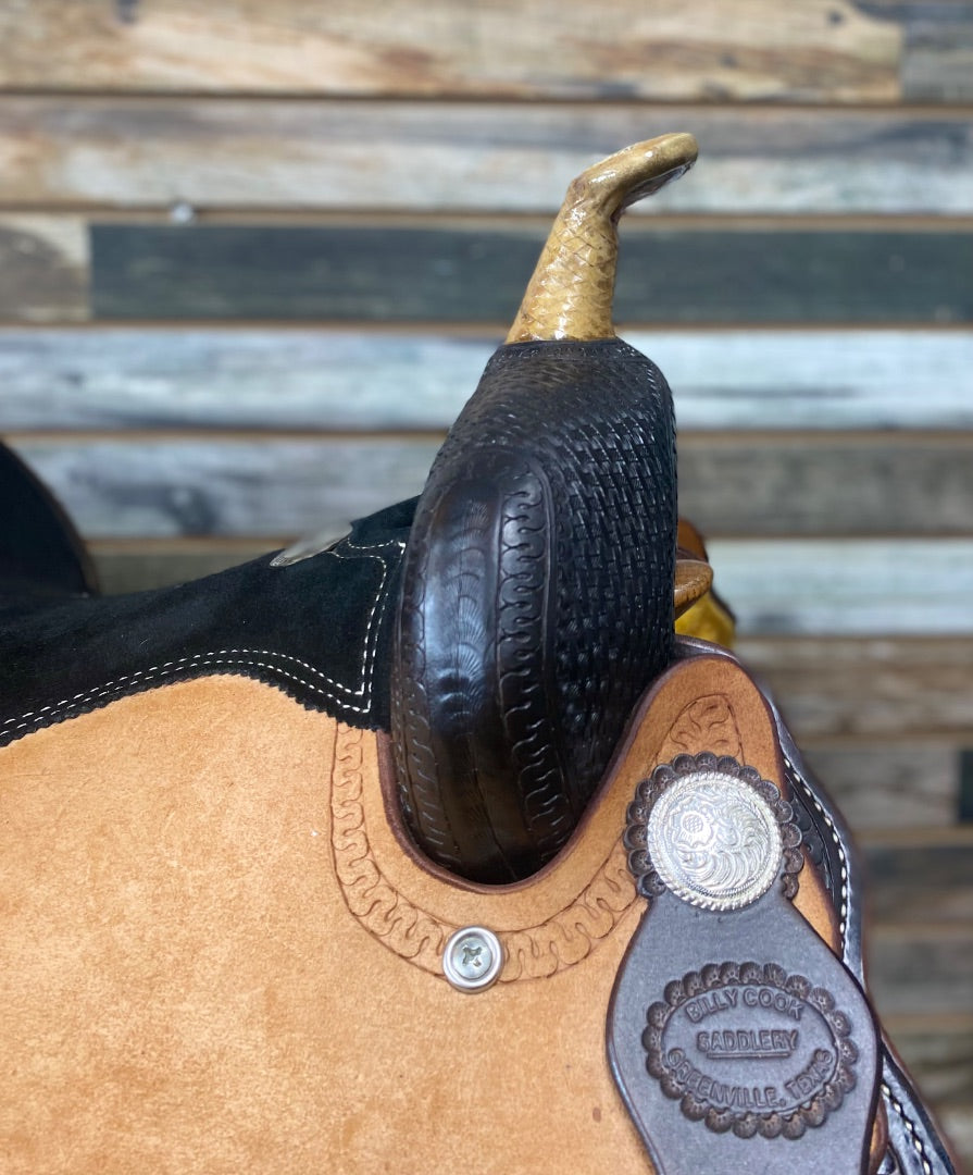 USED Billy Cook Barrel Saddle 14" Dark Oil and Light Rough Out