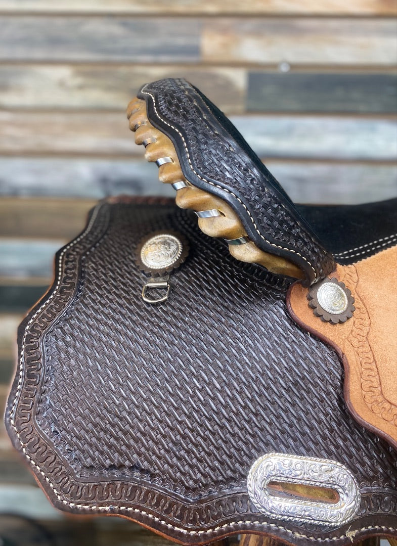 USED Billy Cook Barrel Saddle 14" Dark Oil and Light Rough Out