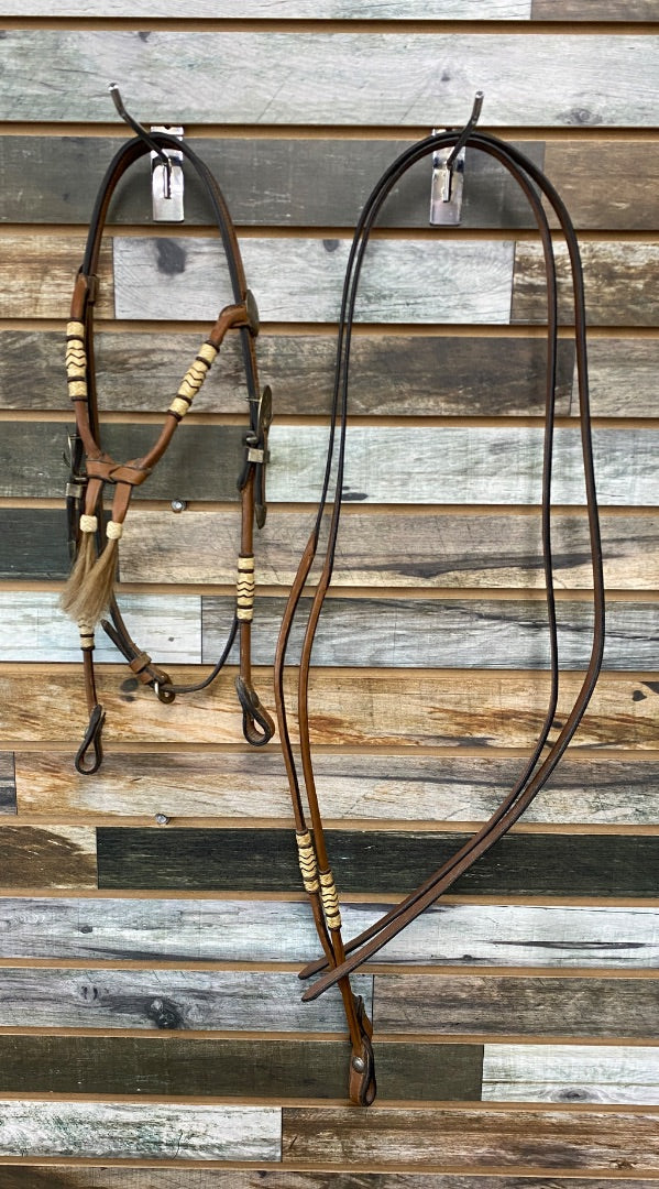 USED  Western Headstall w/Browband Silver/Rawhide Horse Medium Oil