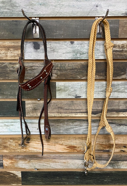 USED  Western Headstall w/Browband, Basketweave/Silver/Rawhide Horse Dark Oil