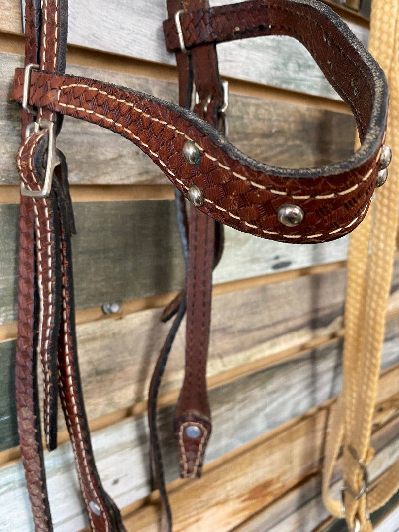 USED  Western Headstall w/Browband, Basketweave/Silver/Rawhide Horse Dark Oil