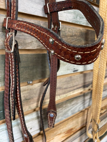 USED  Western Headstall w/Browband, Basketweave/Silver/Rawhide Horse Dark Oil