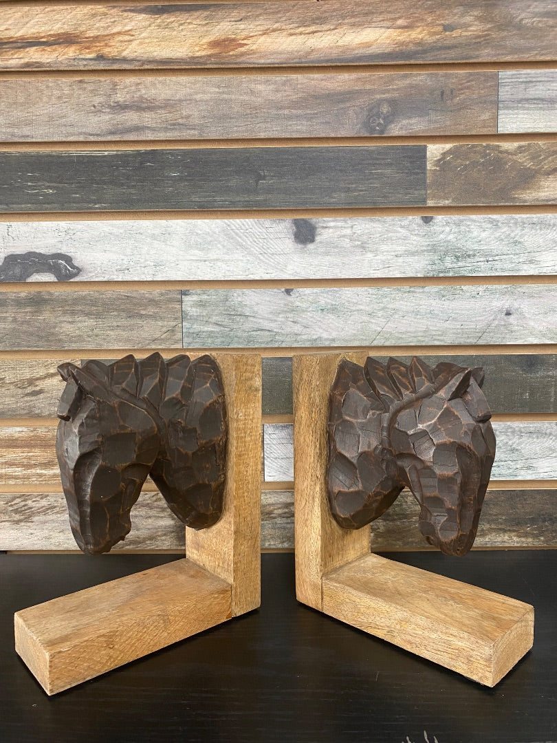 USED Wooden Horse Head Book Ends