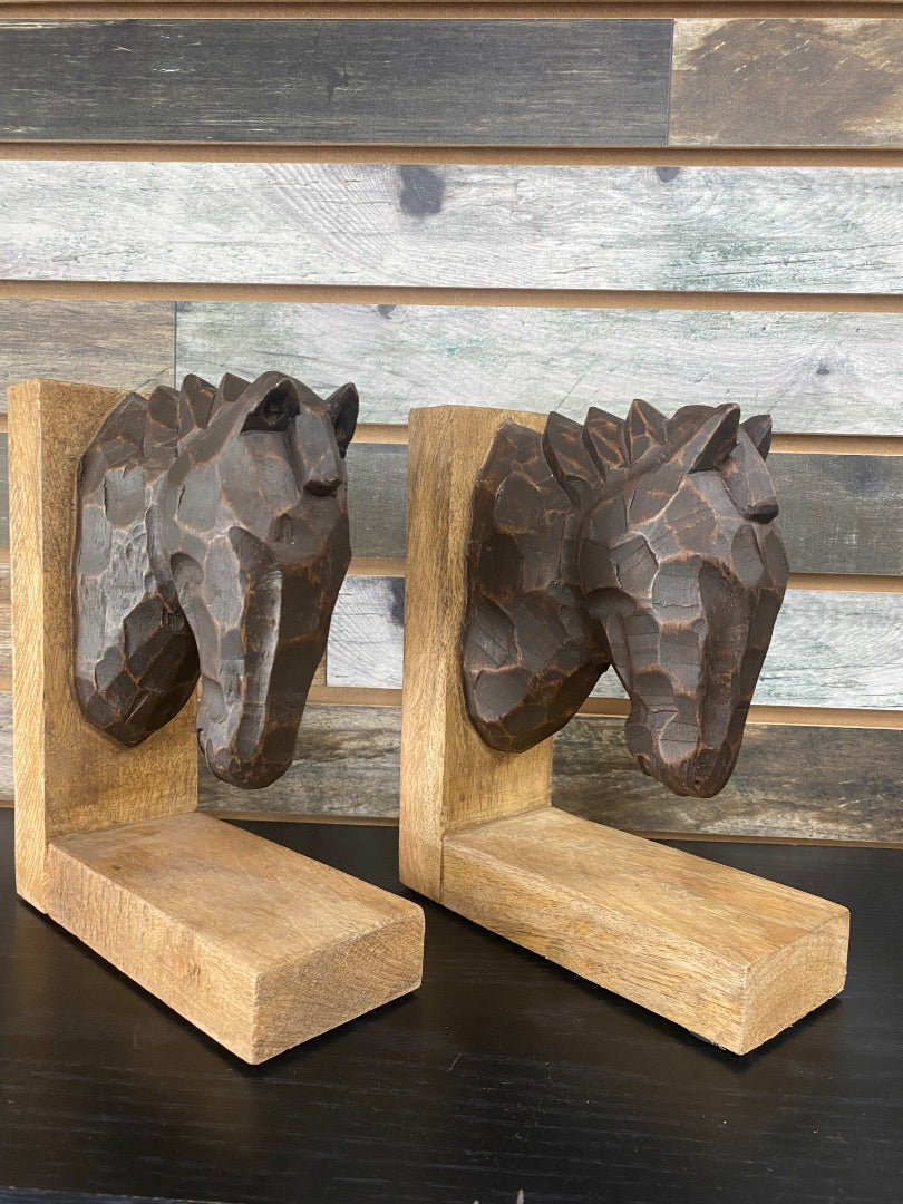 USED Wooden Horse Head Book Ends