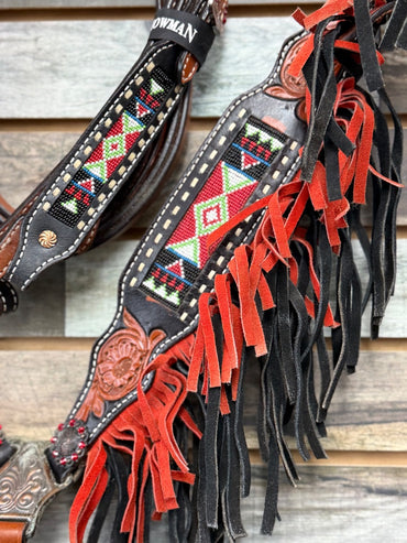 USED (NEW) Showman Headstall, Breastcollar, & Split Reins Horse Dark Oil/Black/Red