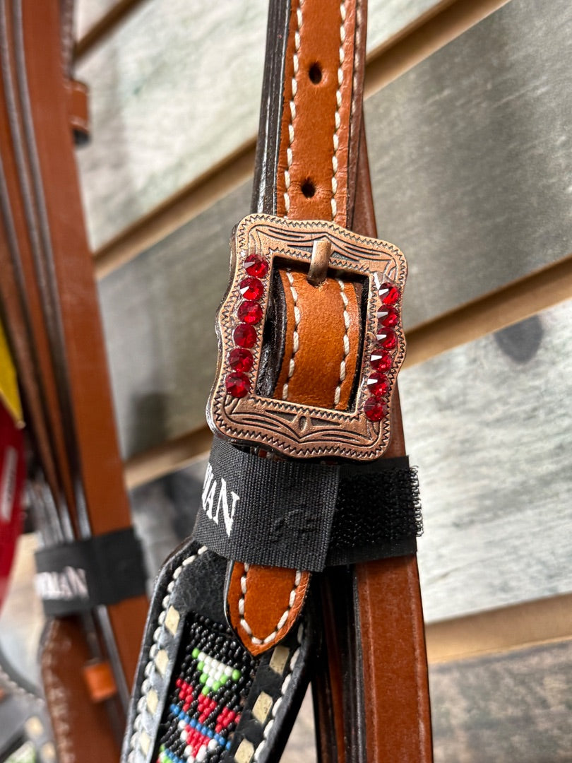 USED (NEW) Showman Headstall, Breastcollar, & Split Reins Horse Dark Oil/Black/Red
