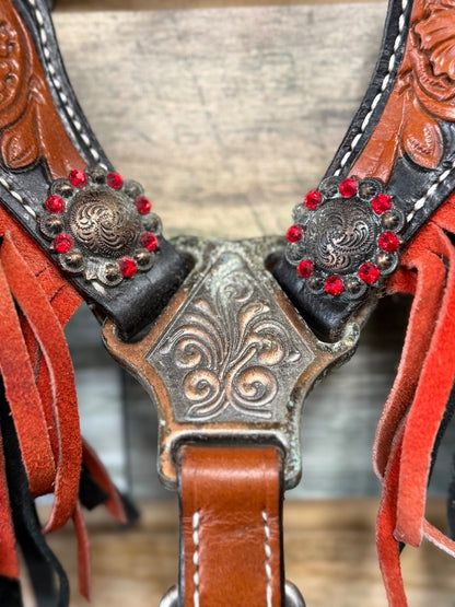 USED (NEW) Showman Headstall, Breastcollar, & Split Reins Horse Dark Oil/Black/Red