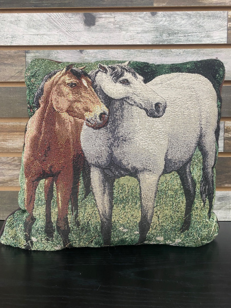 USED  Brown and Grey Horses Decorative Pillow