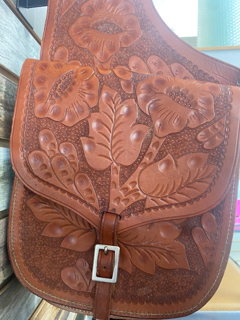 USED  Floral Tooled Saddle Bag  Medium Oil
