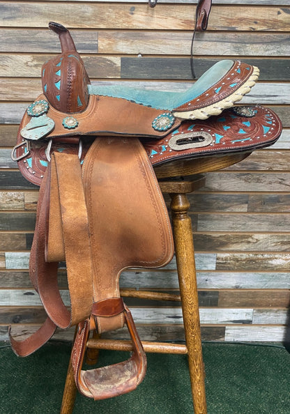 USED No Brand Western Saddle and Headstall 13” Brown and Teal